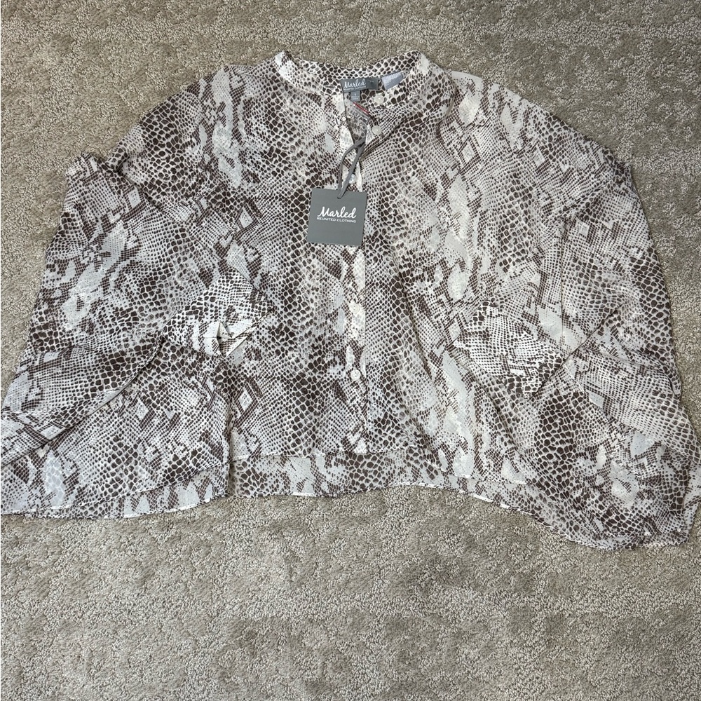 NWT Marled Snake-Print Lace-Up Button Top in Cream and Brown